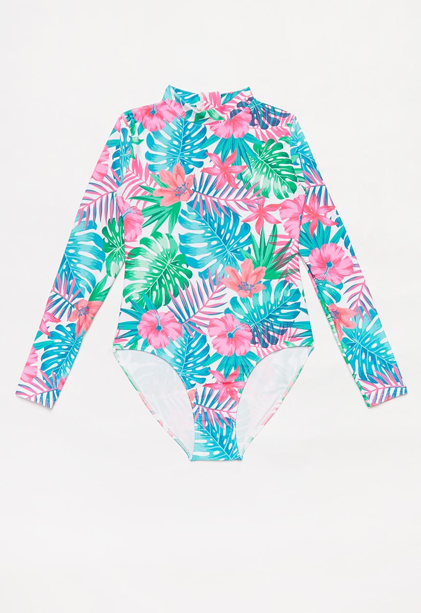 Rebel Republic - Tropical floral print zip up swimsuit - multi