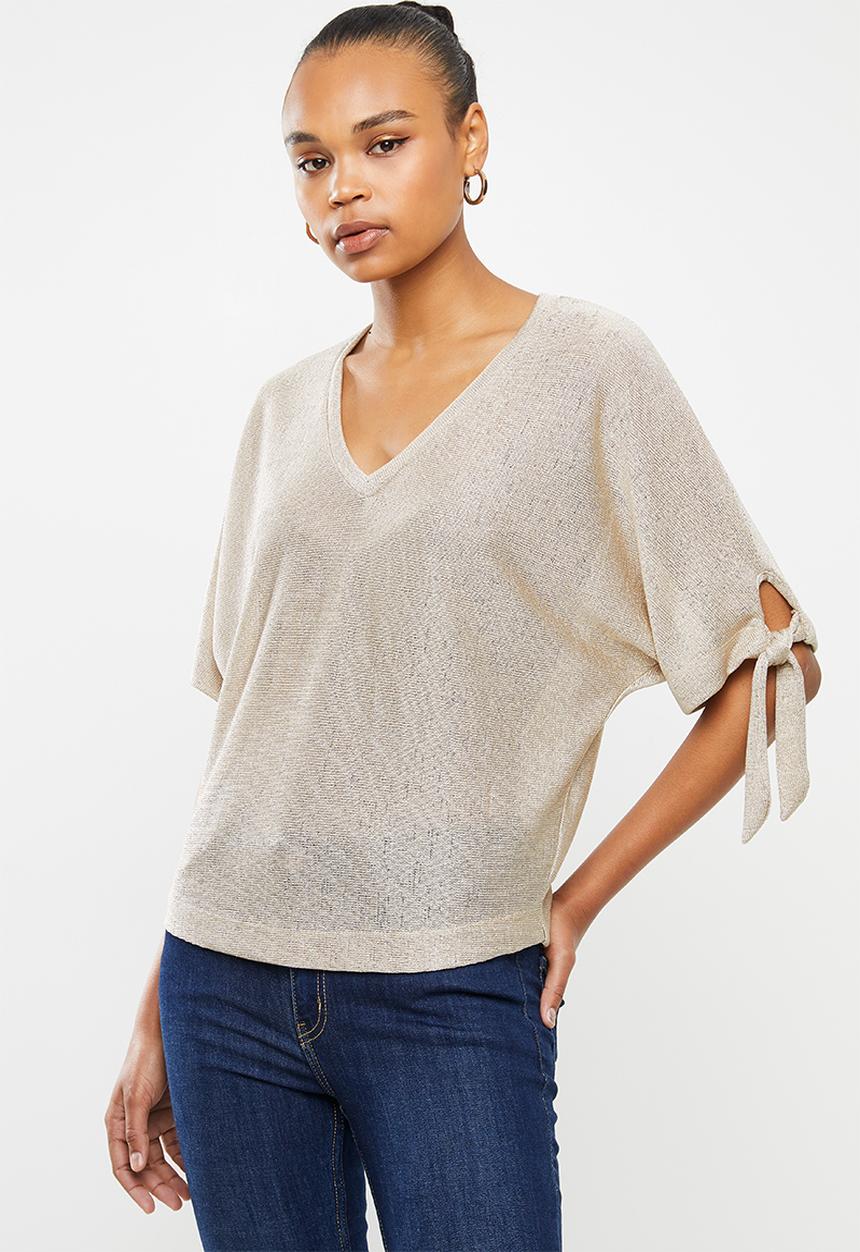 edit - Tie sleeve linen blend tee - stone