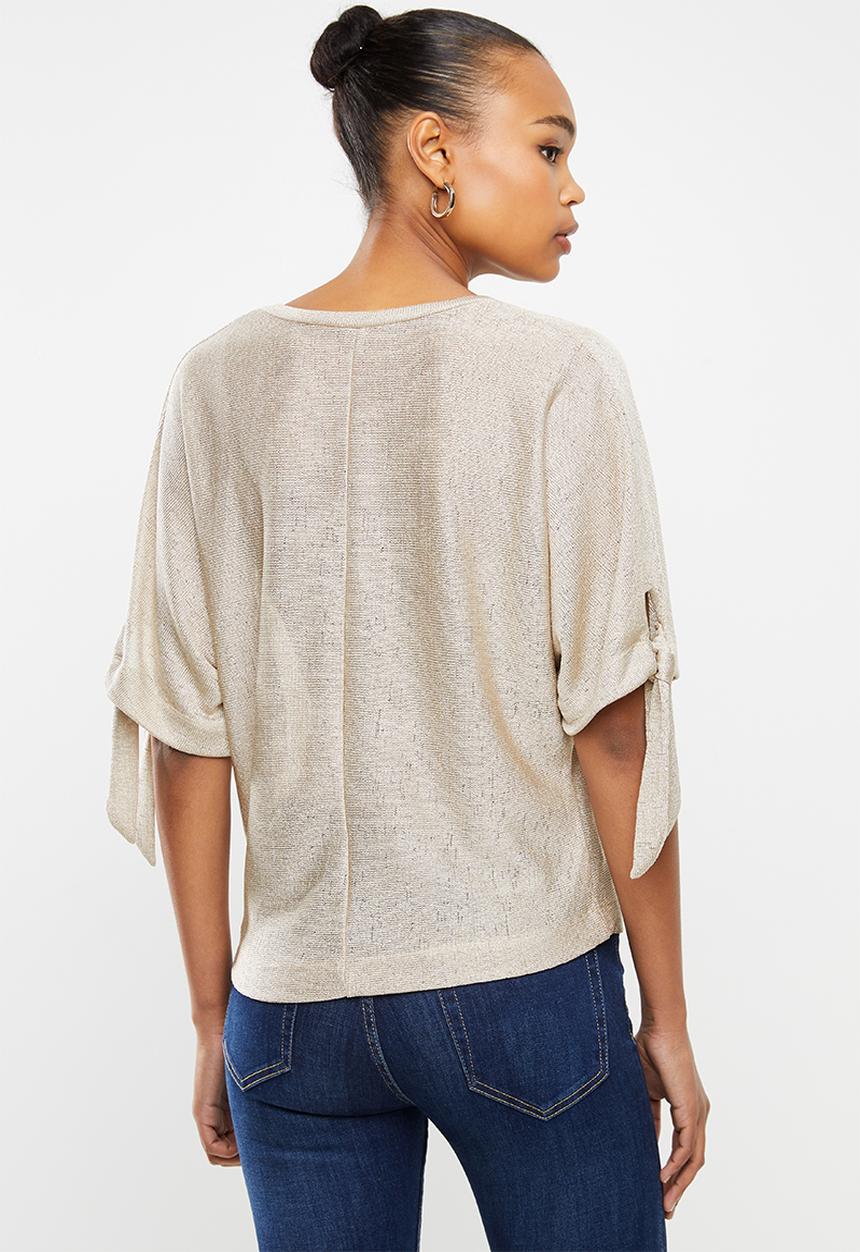 edit - Tie sleeve linen blend tee - stone