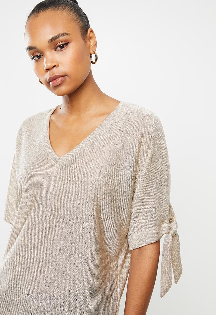 edit - Tie sleeve linen blend tee - stone