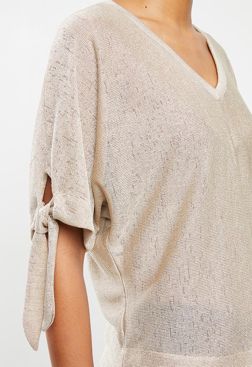 edit - Tie sleeve linen blend tee - stone