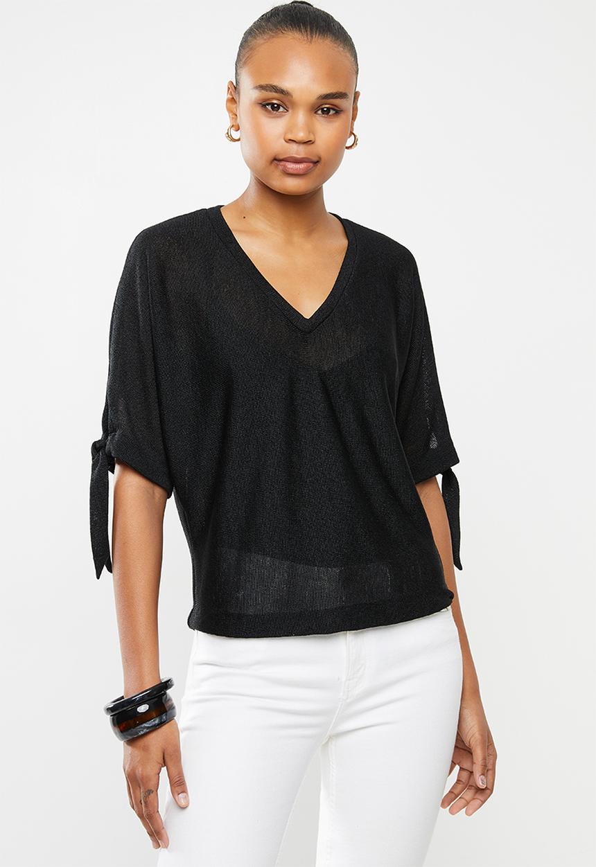 edit - Tie sleeve linen blend tee - black