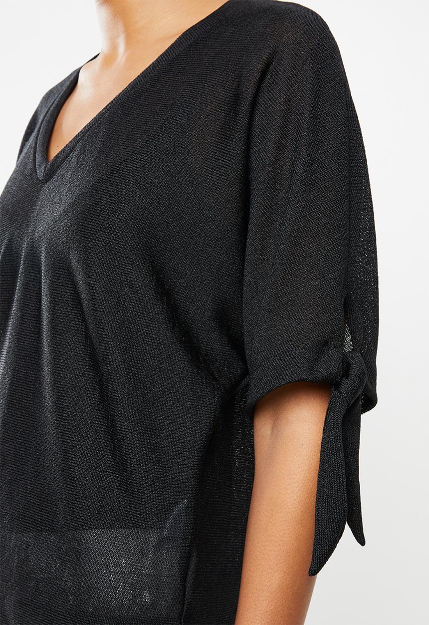 edit - Tie sleeve linen blend tee - black