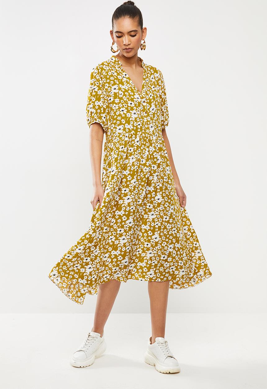 Blake - Midi tiered dress with short puff sleeve - yellow & white
