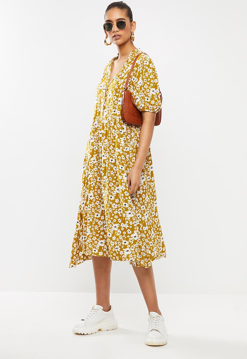 Blake - Midi tiered dress with short puff sleeve - yellow & white
