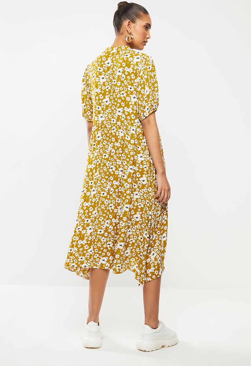 Blake - Midi tiered dress with short puff sleeve - yellow & white