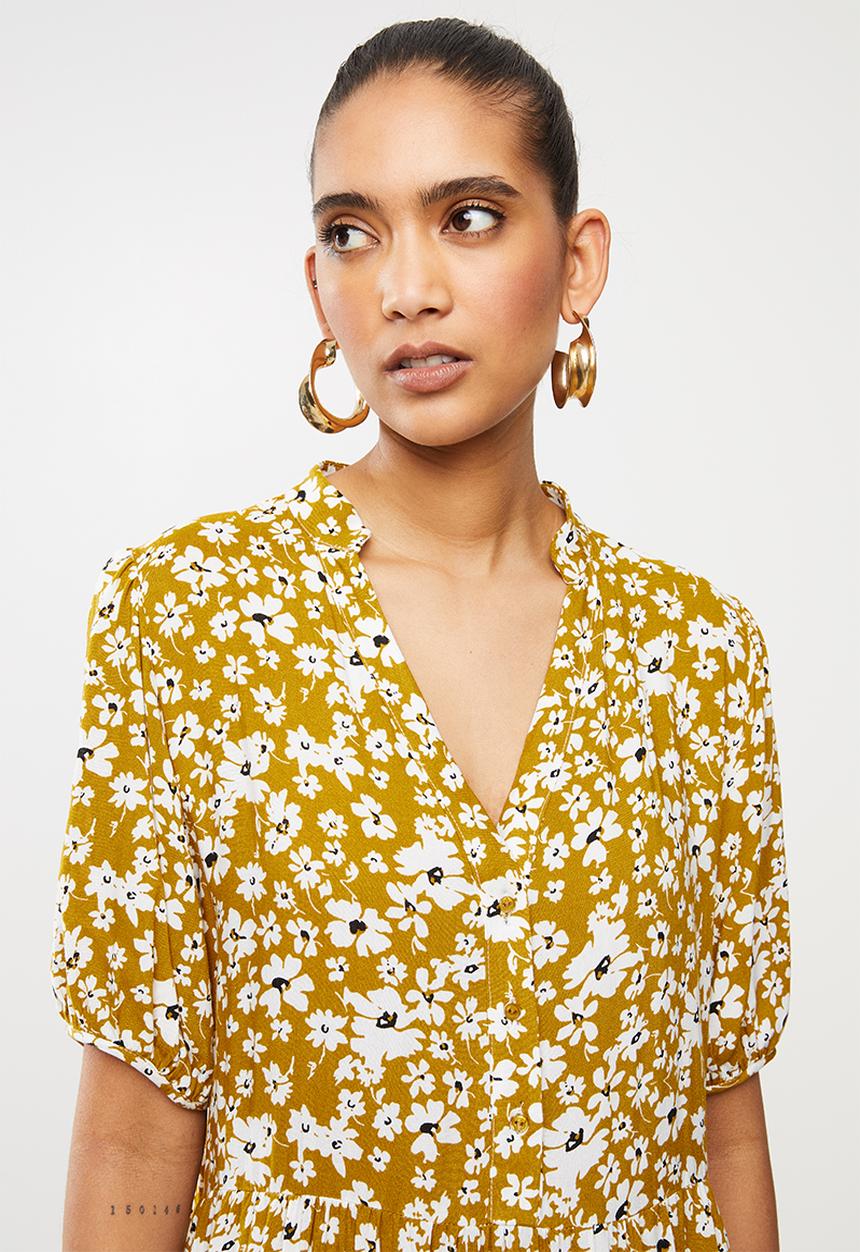 Blake - Midi tiered dress with short puff sleeve - yellow & white