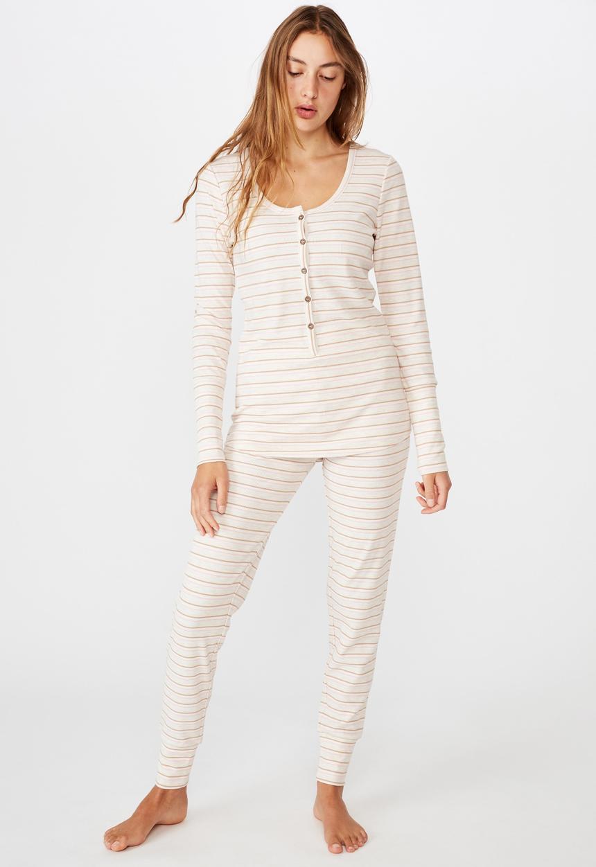 Cotton On - Henley waffle long sleeve top - cream & pink 