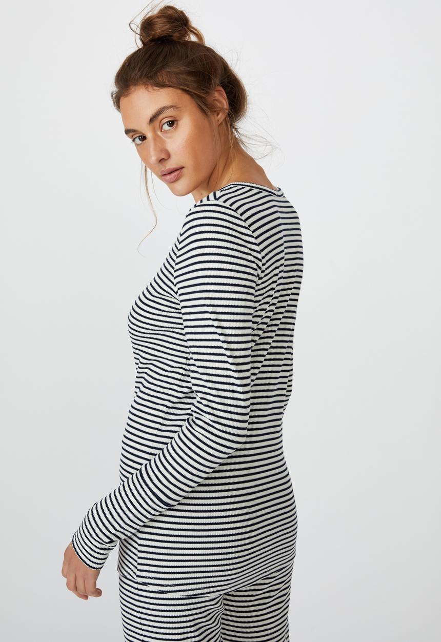 Cotton On - Henley waffle long sleeve top - navy & white 