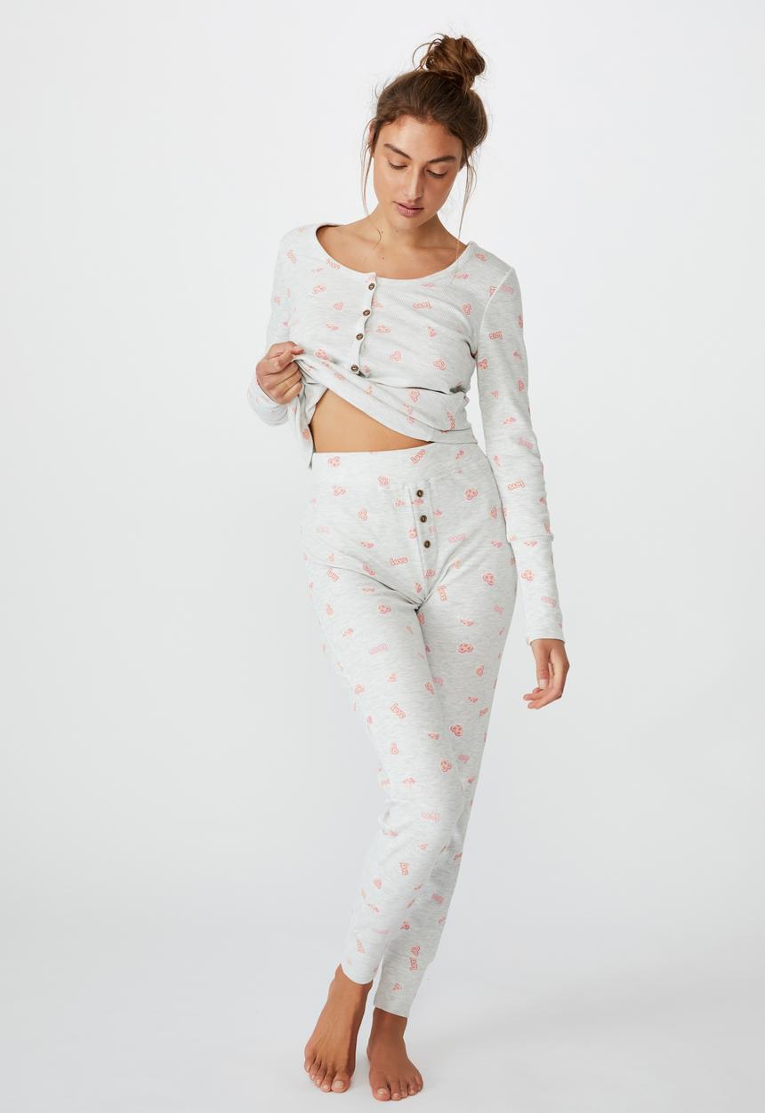 Cotton On - Waffle long john  -pizza love & grey marle
