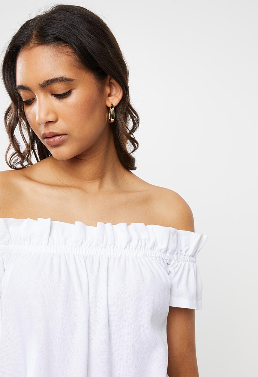 VELVET - Frill bardot linen blouse - white