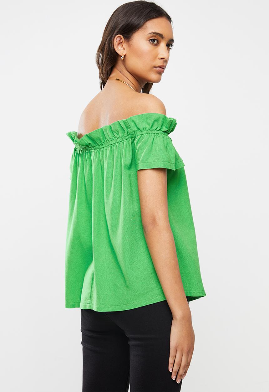 VELVET - Frill bardot linen blouse - green