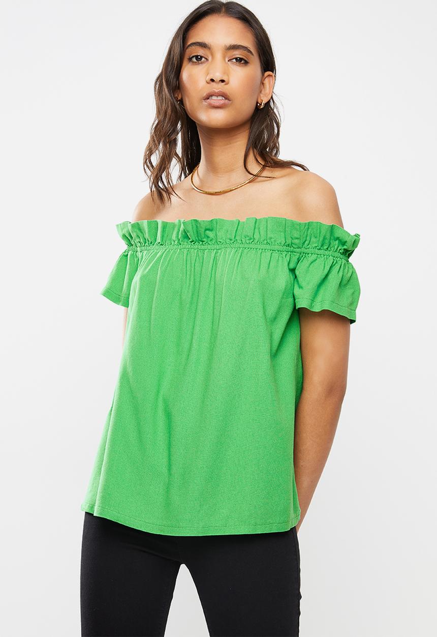 VELVET - Frill bardot linen blouse - green