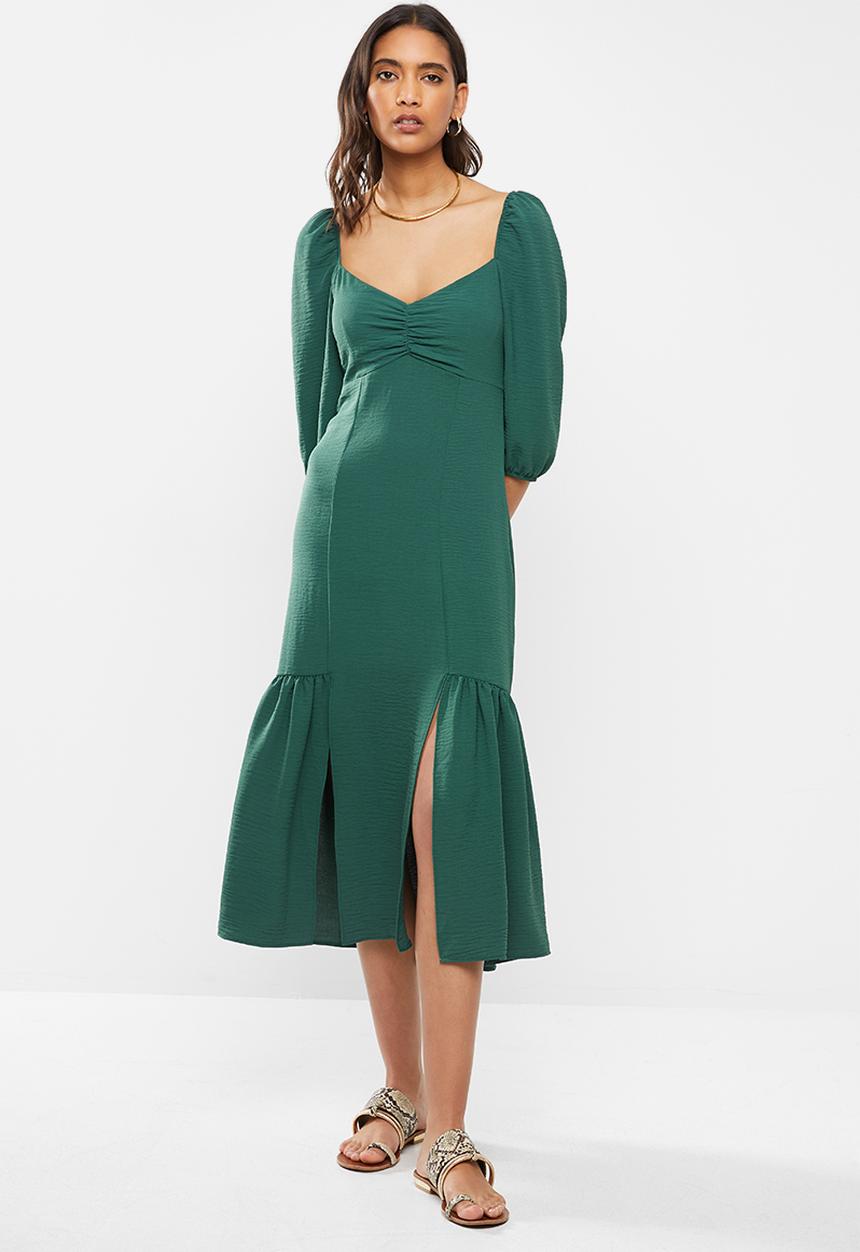 VELVET - Puff sleeve front slit tiered midi dress - green