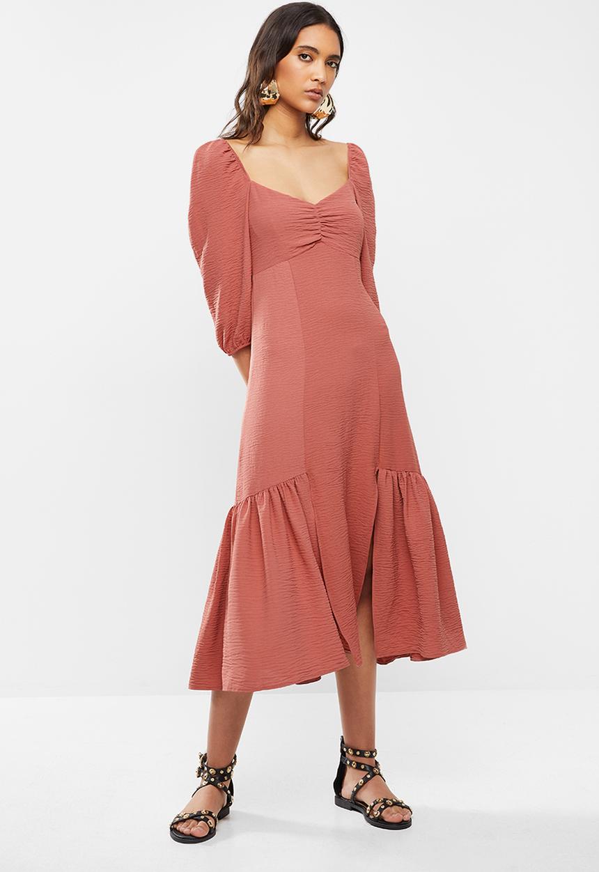 VELVET - Puff sleeve front slit tiered midi dress - rust