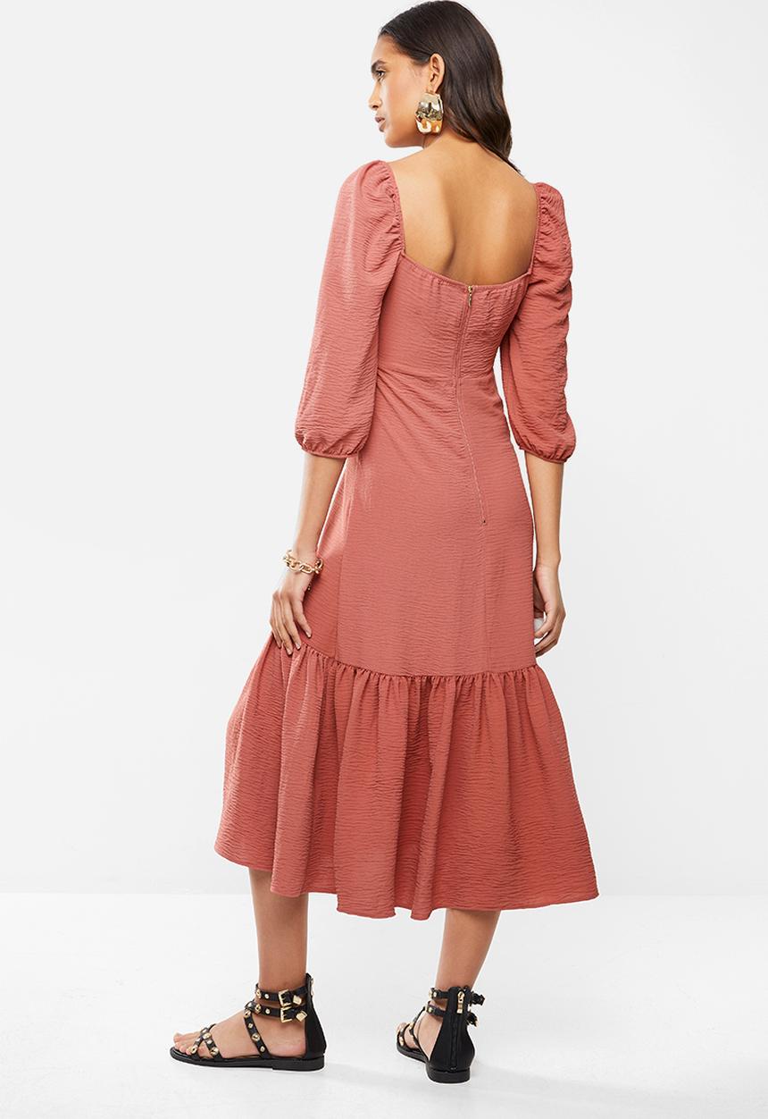 VELVET - Puff sleeve front slit tiered midi dress - rust