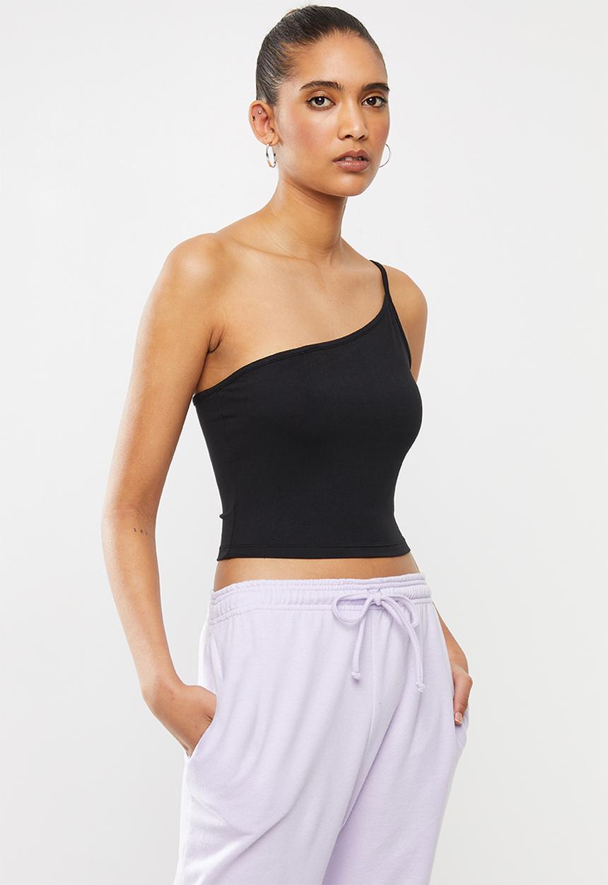 Blake - Sueded single jersey asymetric crop top - black