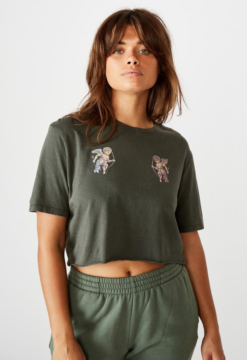 Factorie - Short sleeve raw edge crop T-shirt - khaki