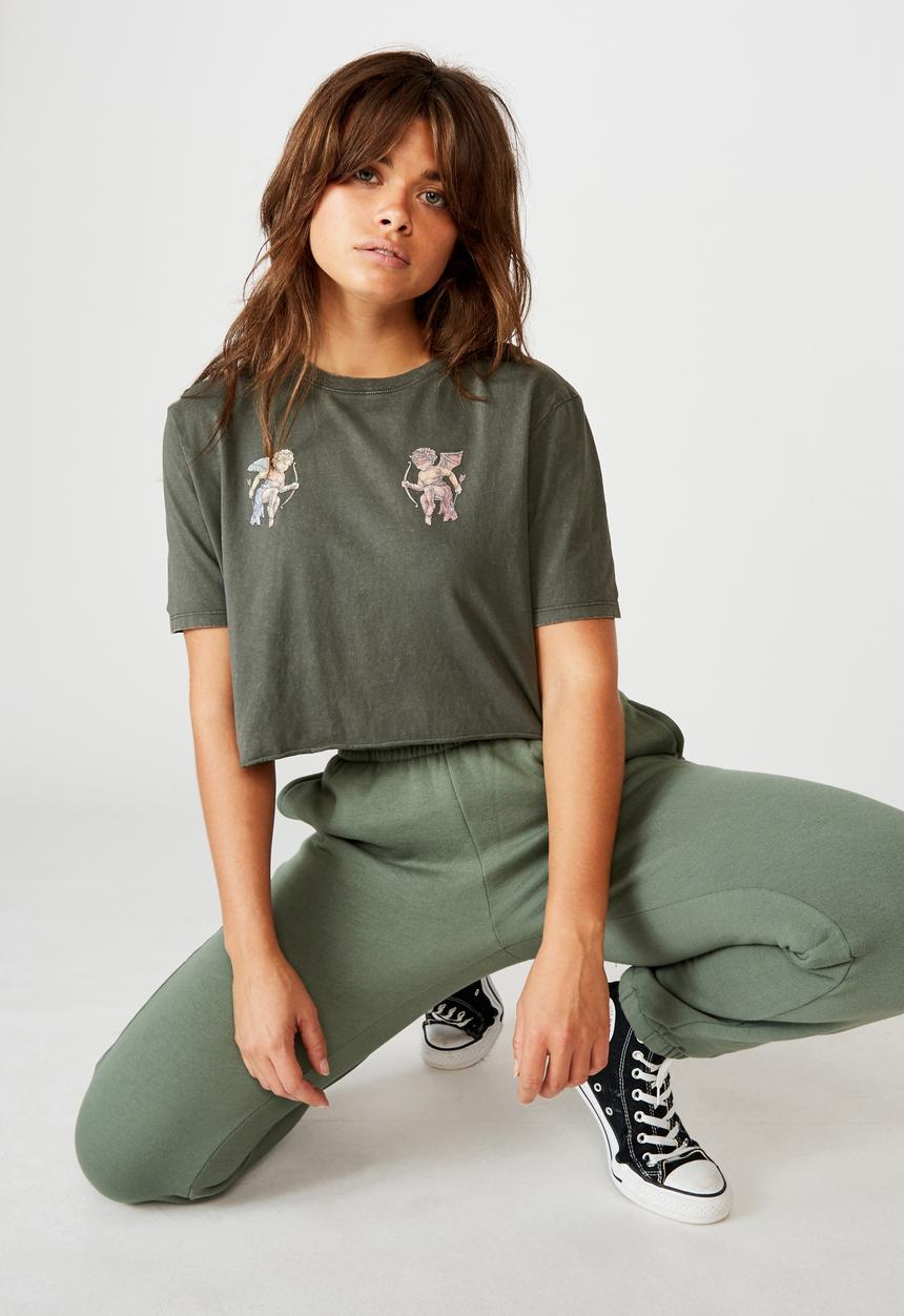 Factorie - Short sleeve raw edge crop T-shirt - khaki
