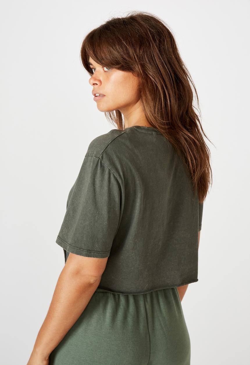 Factorie - Short sleeve raw edge crop T-shirt - khaki