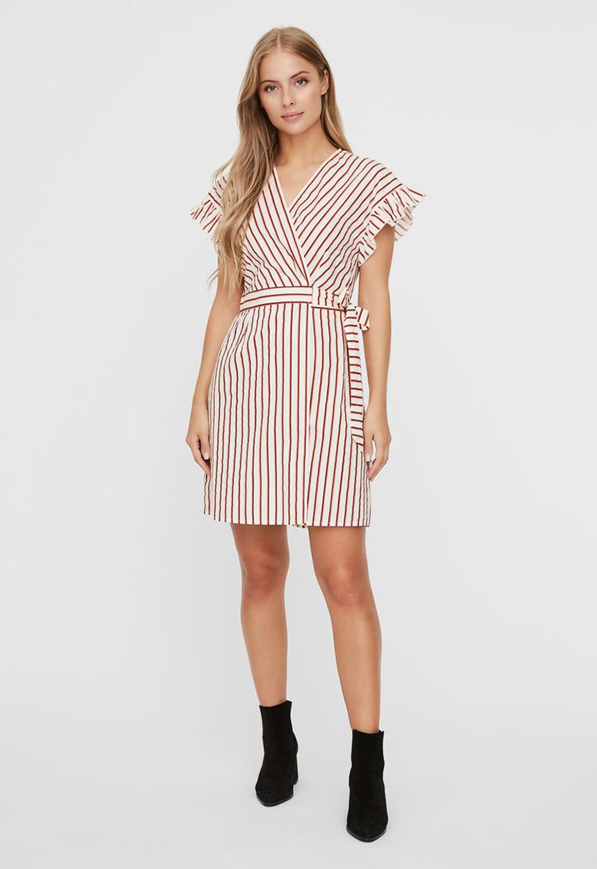 Vero Moda - Olympia short sleeve wide short wrap dress - red & white 