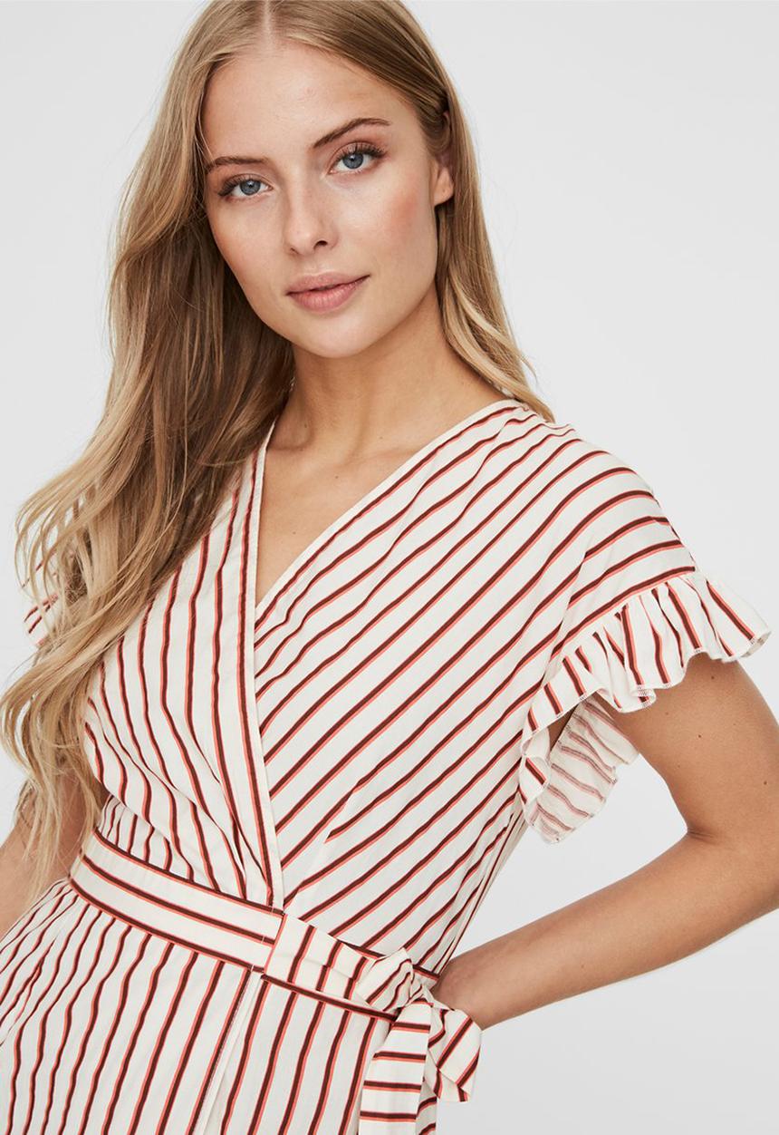 Vero Moda - Olympia short sleeve wide short wrap dress - red & white 