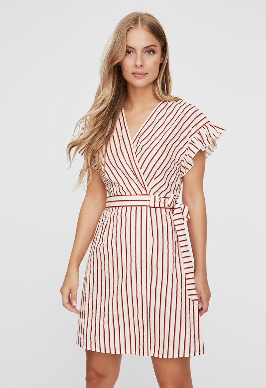 Vero Moda - Olympia short sleeve wide short wrap dress - red & white 