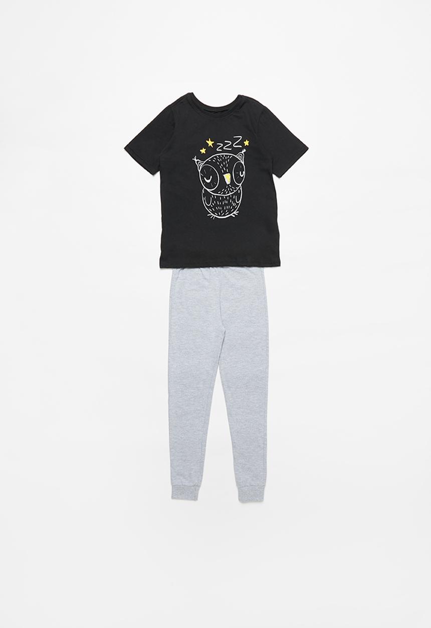 Pop Candy - Boys tee & pants pj set - black & grey melange