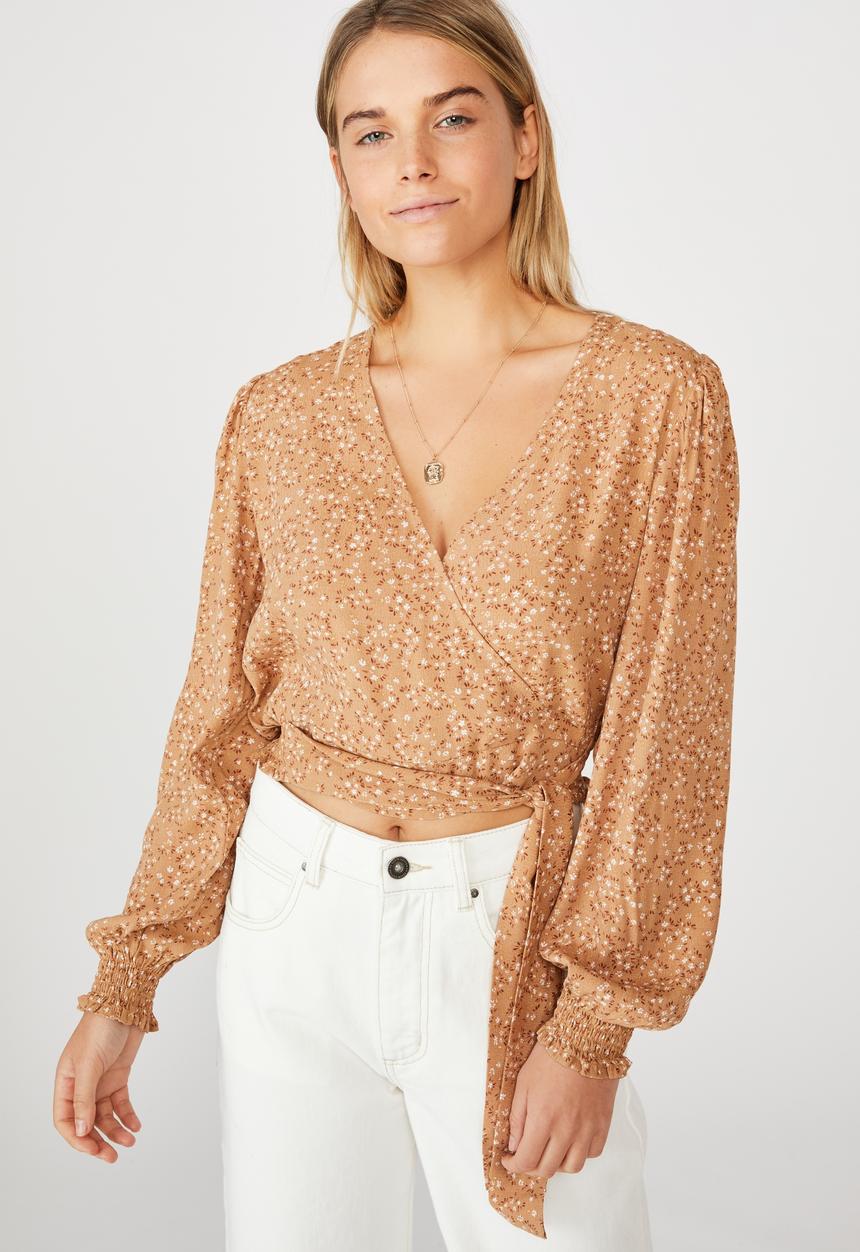 Cotton On - Vintage long sleeve wrap blouse - maya ditsy biscuit