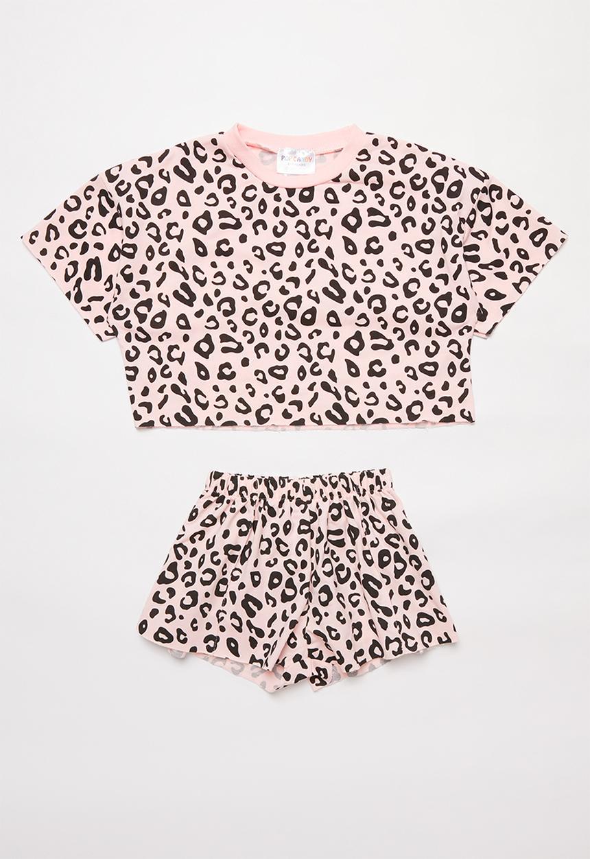 Pop Candy - Animal print tee & shorts set - pink & black