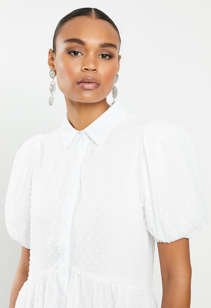 Missguided - Puff sleeve shirt smock dress dobby - white