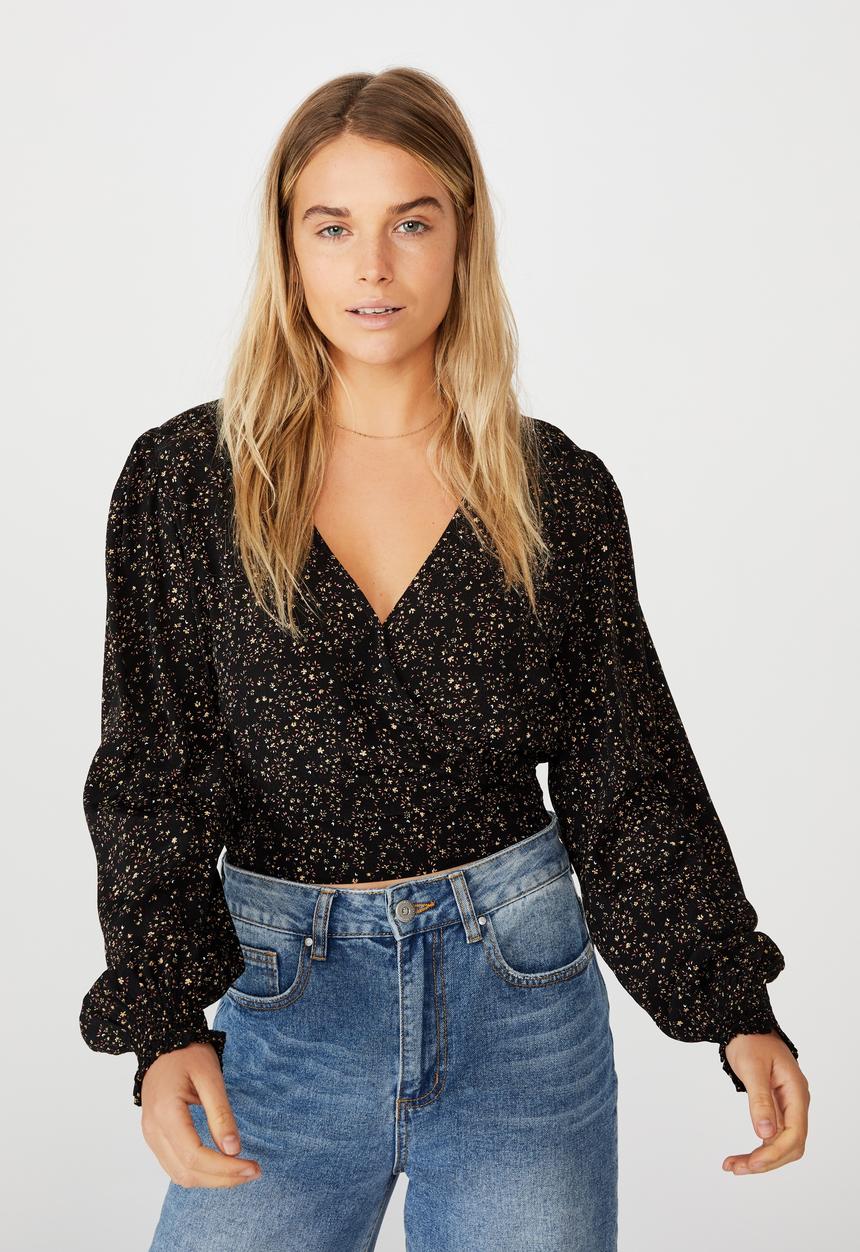 Cotton On - Vintage long sleeve wrap blouse - maya ditsy black