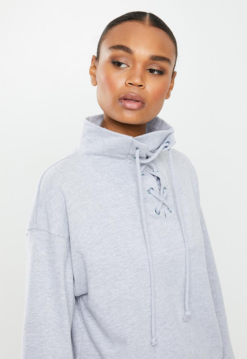 Missguided - High neck tie detail long sleeve sweat - grey