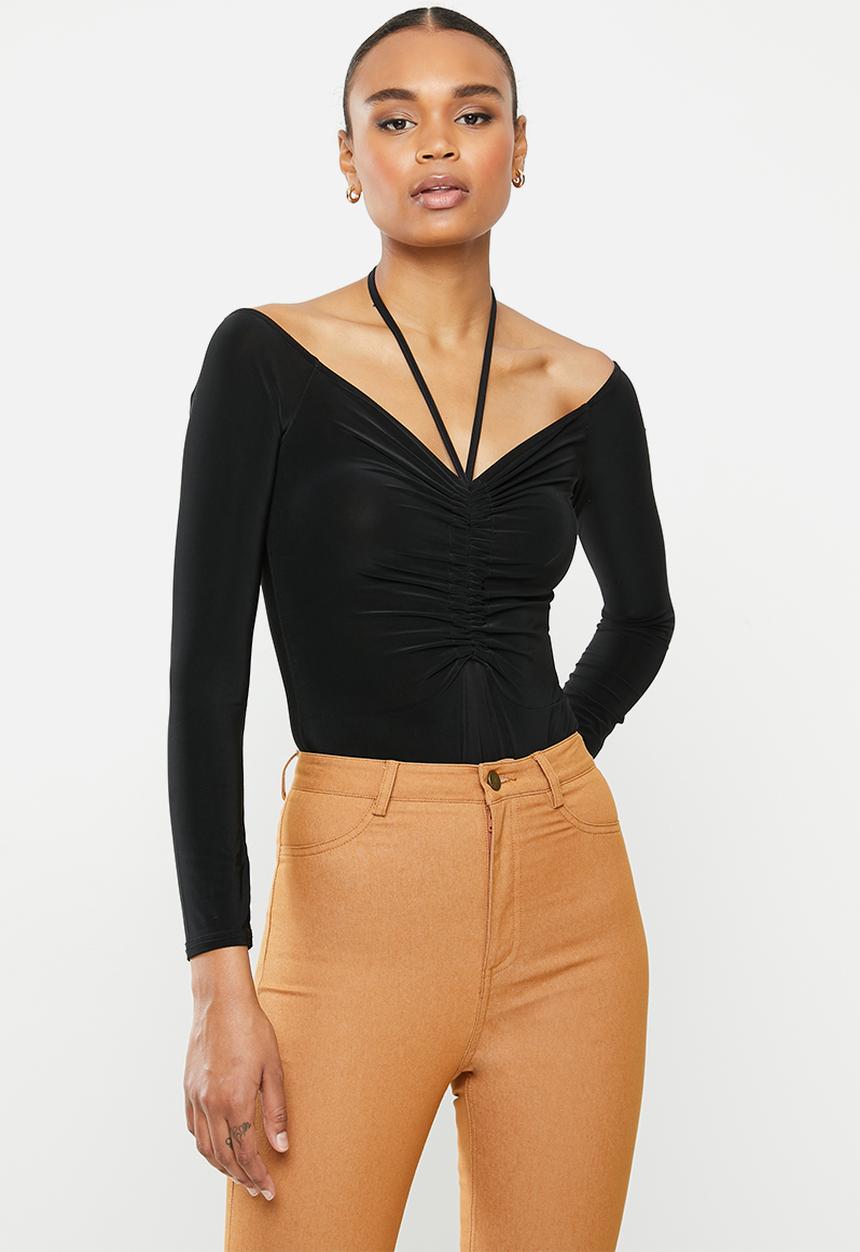 Missguided - Slinky off shoulder ruched bodysuit - black