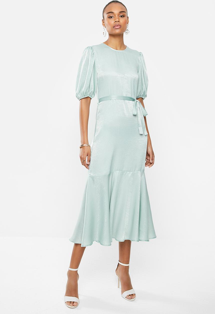 MILLA - Satin puff sleeve midi - sage