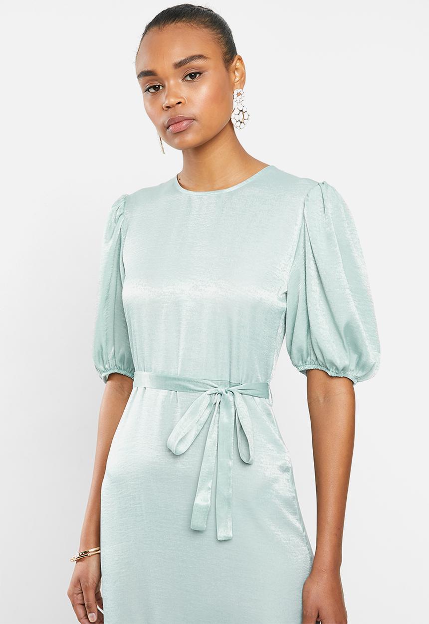 MILLA - Satin puff sleeve midi - sage
