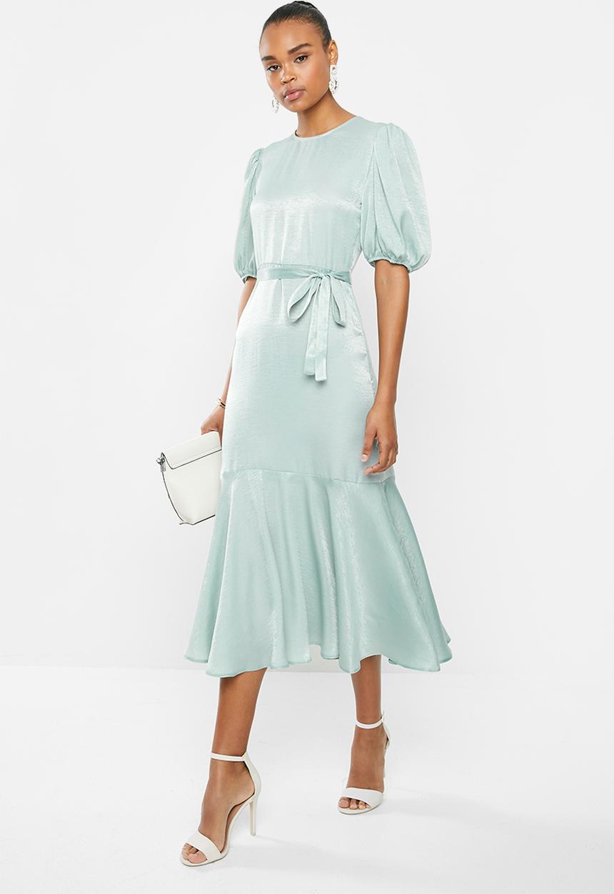MILLA - Satin puff sleeve midi - sage