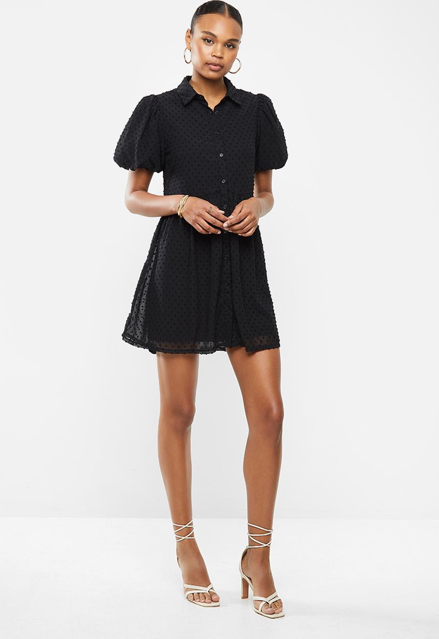 Missguided - Puff sleeve shirt smock dress dobby - black