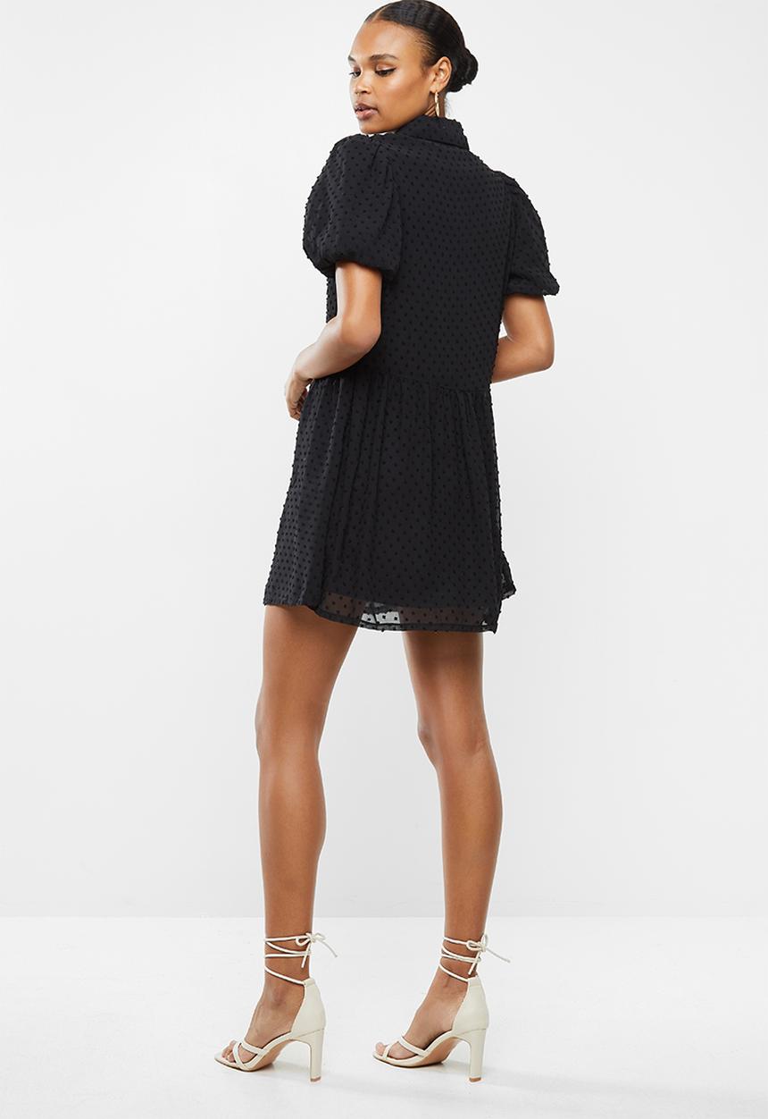 Missguided - Puff sleeve shirt smock dress dobby - black