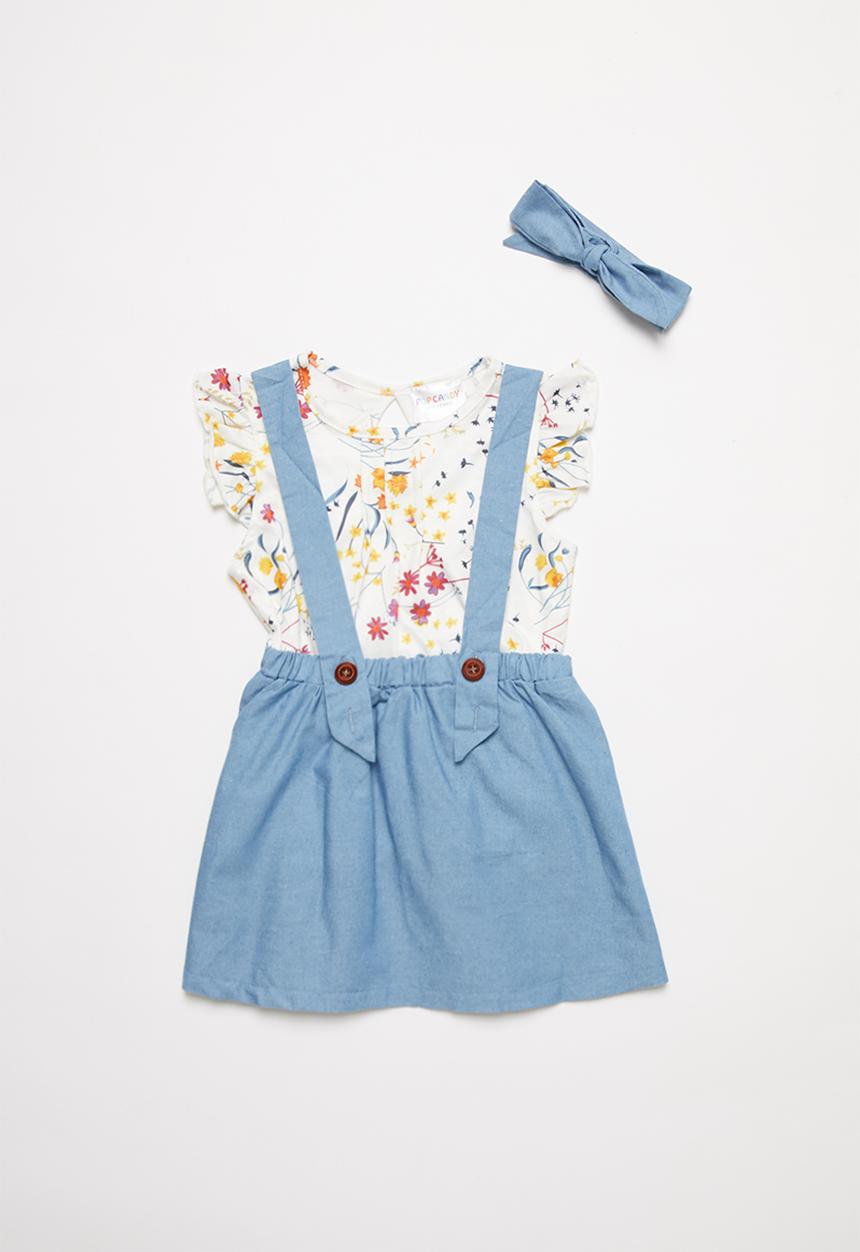 Pop Candy - Skirt with braces & tee set - blue & white