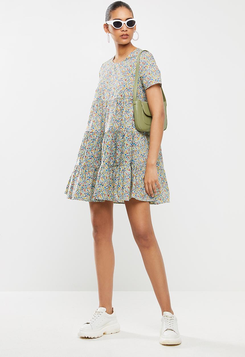 Blake - Short sleeve tiered mini dress- multi