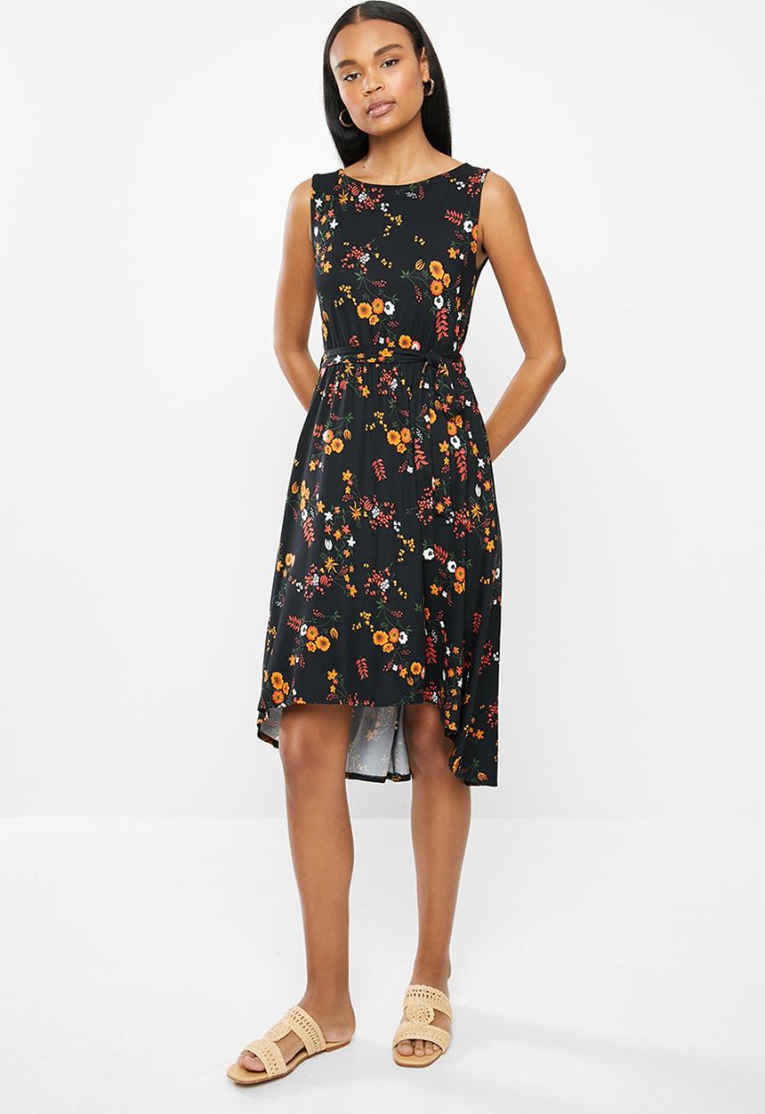edit - Sleeveless flare hem tie fit & flare dress - multi