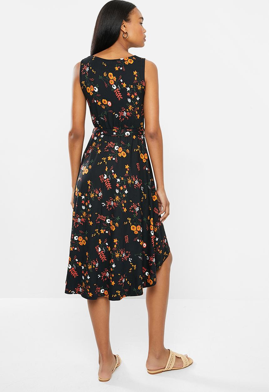 edit - Sleeveless flare hem tie fit & flare dress - multi