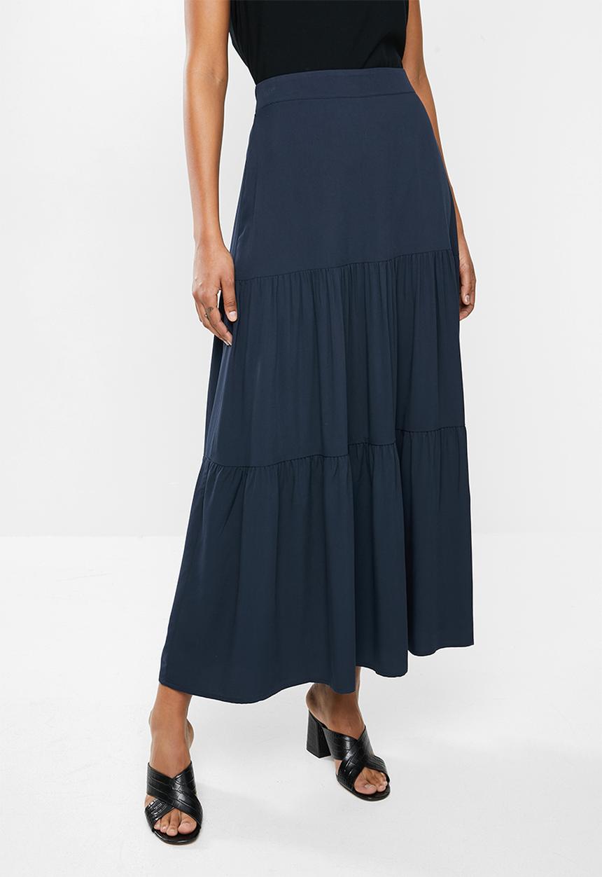 edit - Twill tiered maxi skirt - navy