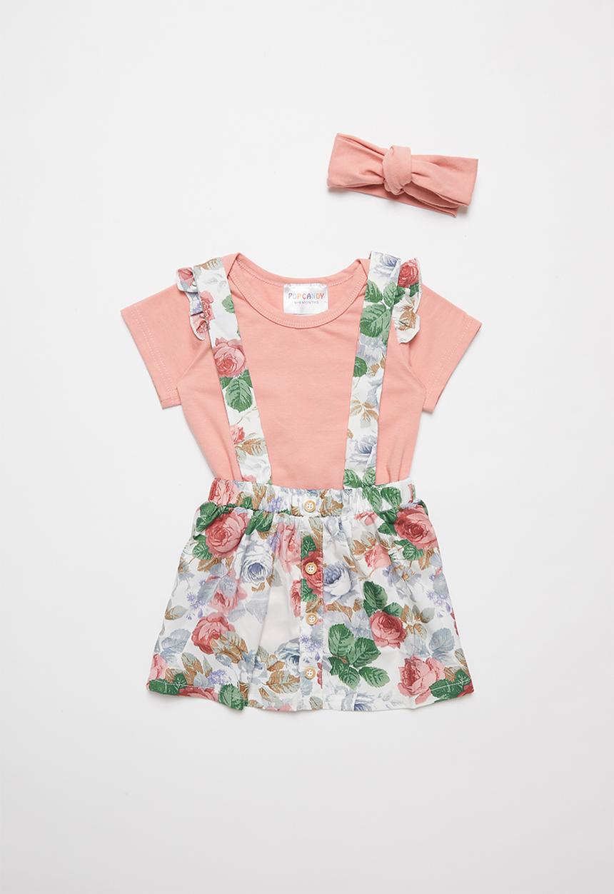 Pop Candy - Floral skirt with braces & tee set - pink & white