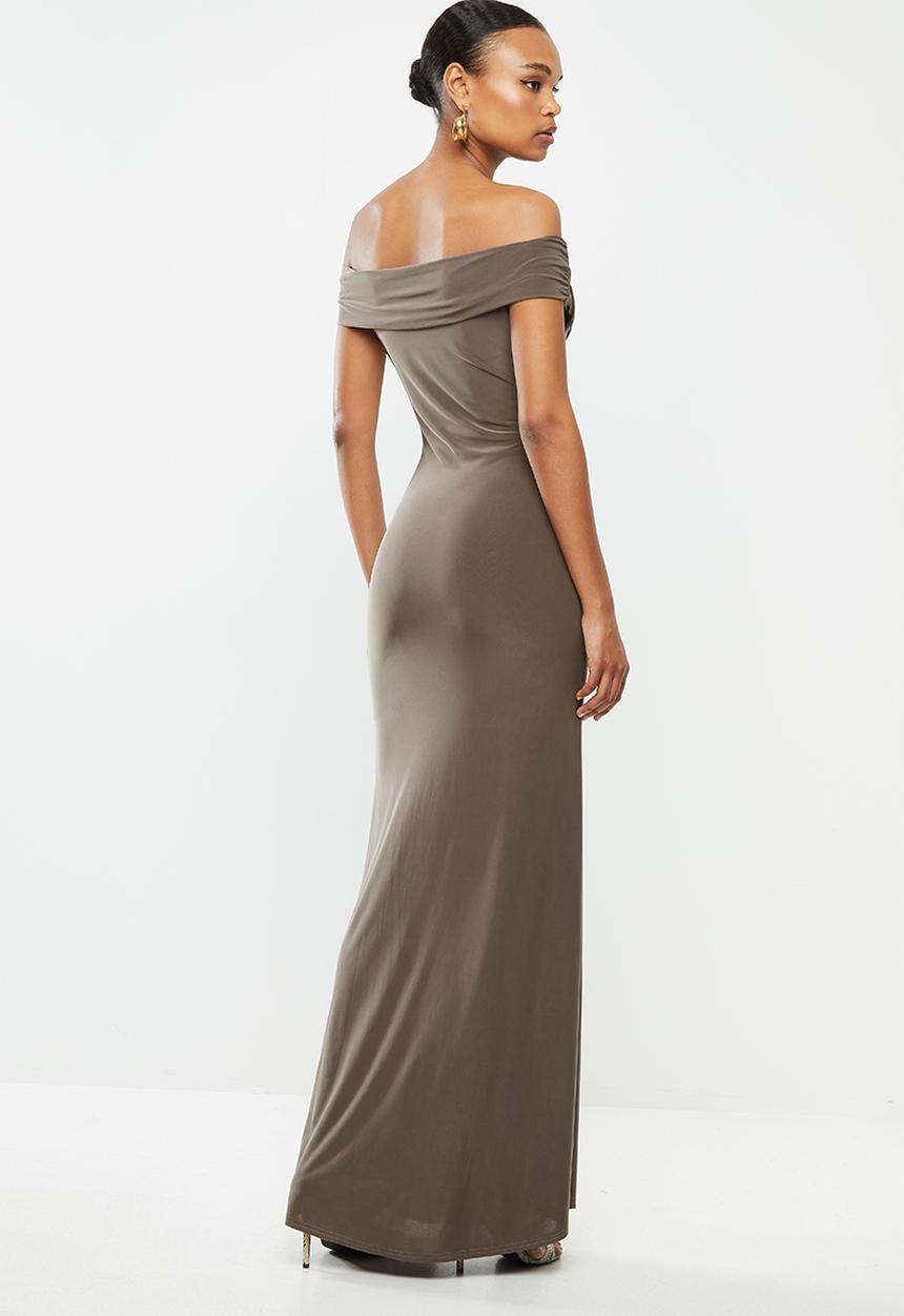 Missguided - Bardot wrap slit maxi dress - taupe