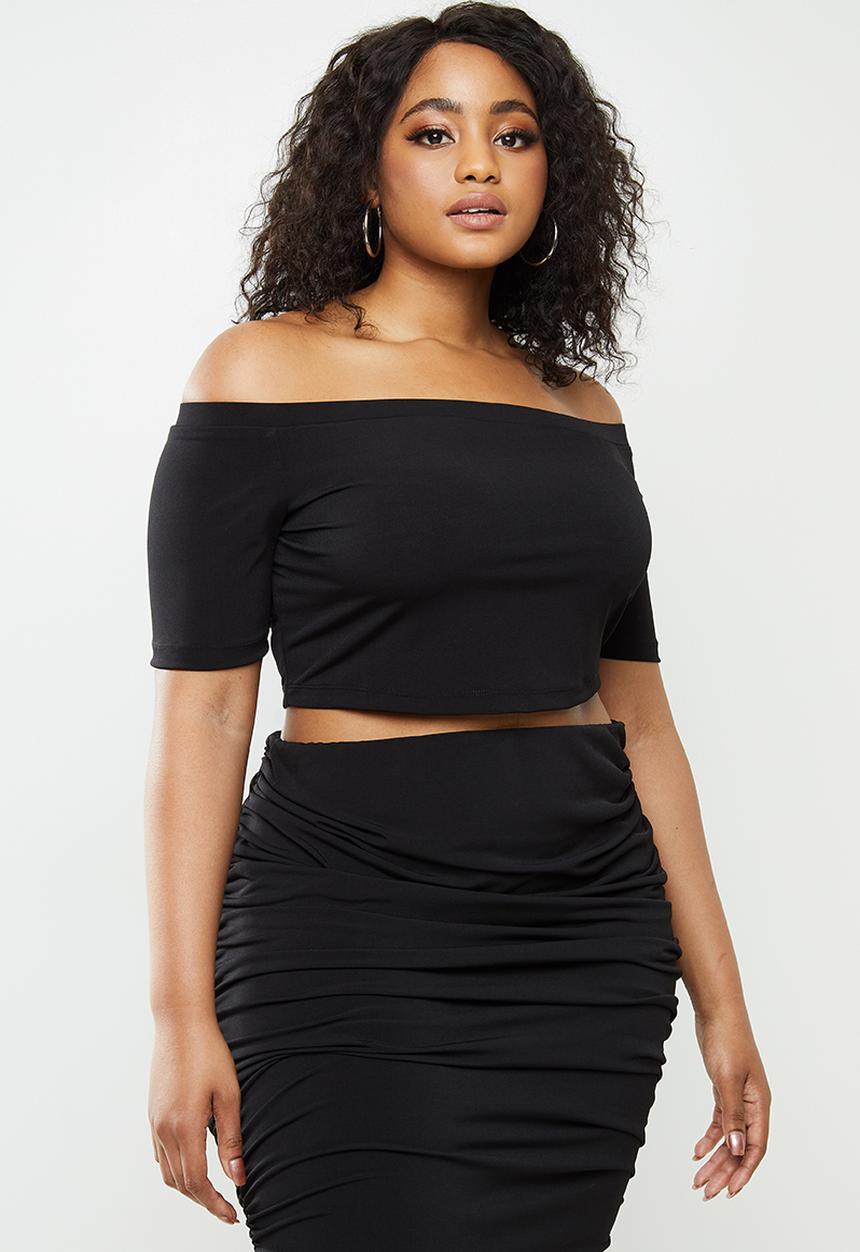 Blake - Bon bon bardot crop top with ballet sleeve - black