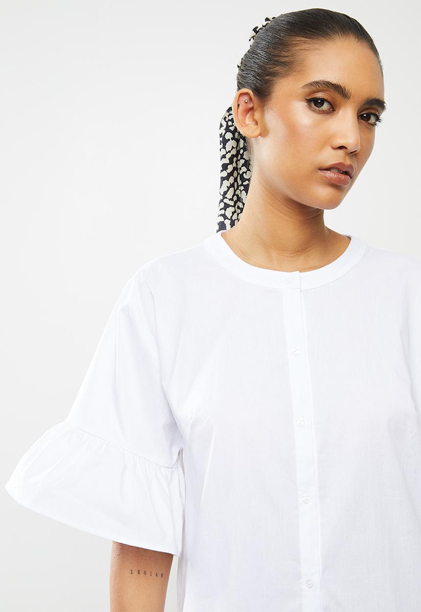 Blake - Button down ruffle mini dress - white