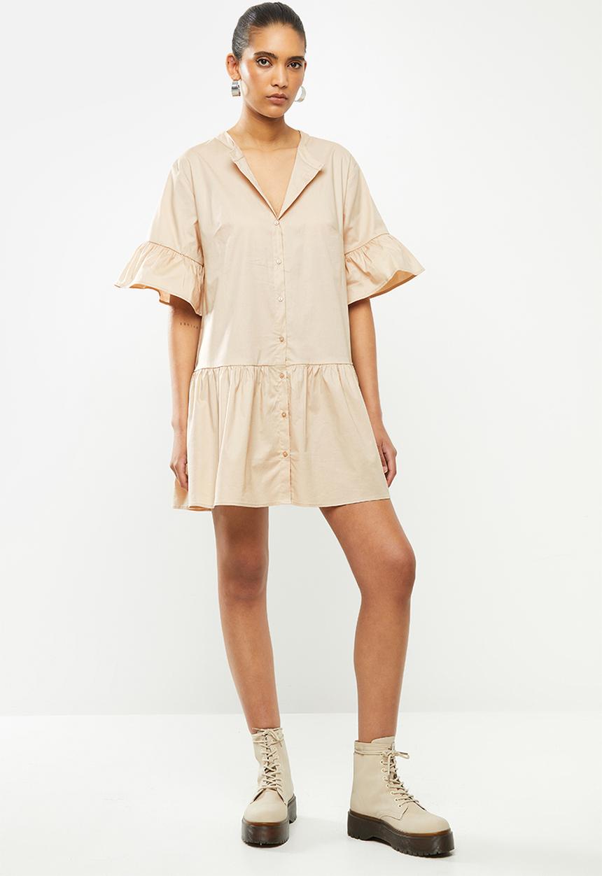 Blake - Button down ruffle mini dress - beige