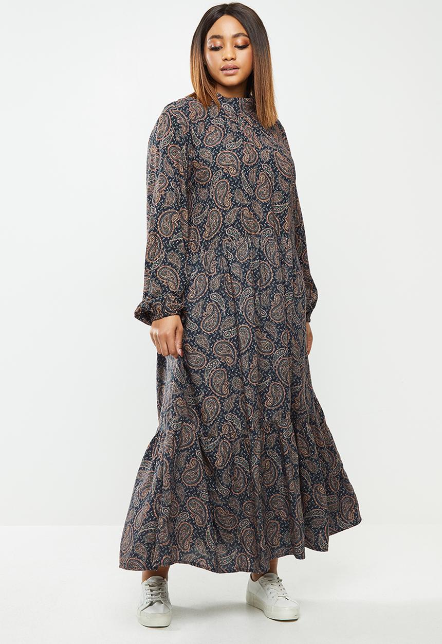 edit Plus - Long sleeve tiered maxi floral dress - navy & orange 